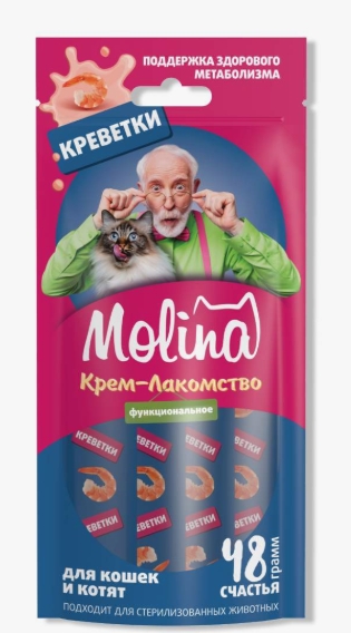 Молина Функц. крем-лакомство с креветками д/взр. кошек Поддержка здорового метаболизма 48г
