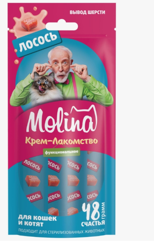 Молина Функц. крем-лакомство с лососем д/взр. кошек, Вывод комков шерсти из желудка, 48г