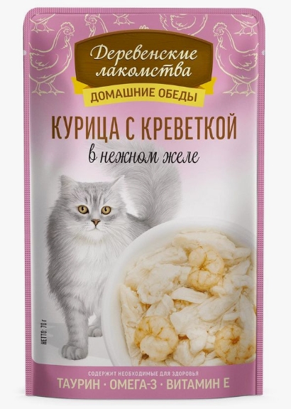 Деревенские лакомства корм д/кошек курица с креветкой Домашние обеды 70г желе пауч