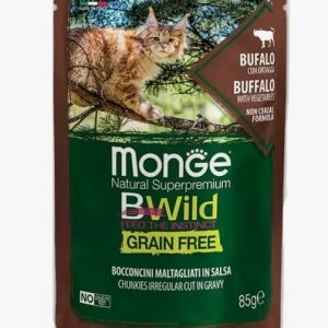 Monge Cat BWild GRAIN FREE для котят и кошек круп пород, из мяса буйвола с овощ,паучи 85г