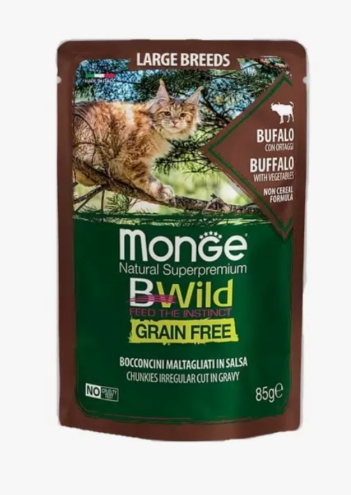Monge Cat BWild GRAIN FREE для котят и кошек круп пород, из мяса буйвола с овощ,паучи 85г
