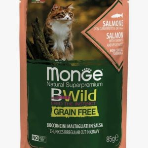 Monge GRAIN FREE для стерил кошек, беззерновой, лосось с креветками и овощами, паучи 85г