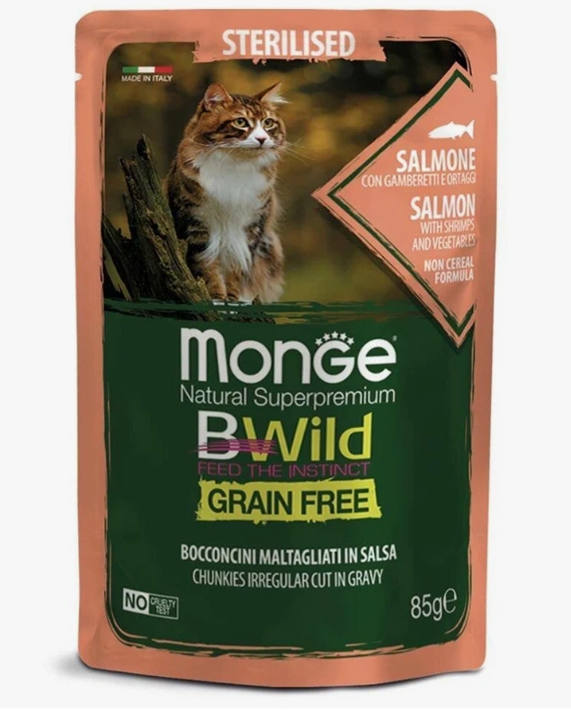 Monge GRAIN FREE для стерил кошек, беззерновой, лосось с креветками и овощами, паучи 85г