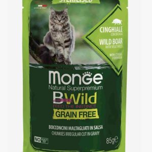Monge GRAIN FREE для стерил кошек, беззерновой, из мяса дикого кабана с овощами,паучи 85г