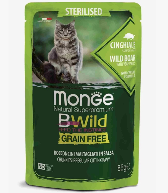 Monge GRAIN FREE для стерил кошек, беззерновой, из мяса дикого кабана с овощами,паучи 85г