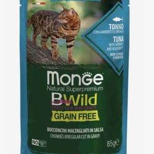 Monge GRAIN FREE для стерилизованных кошек, беззерновой, из тунца с креветками и овощами,паучи 85г