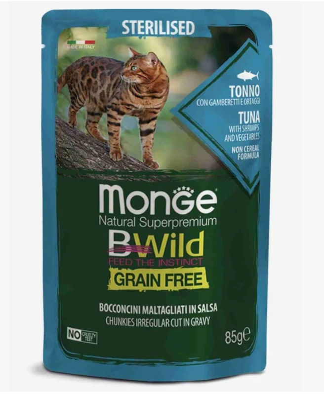 Monge GRAIN FREE для стерилизованных кошек, беззерновой, из тунца с креветками и овощами,паучи 85г
