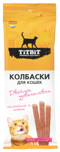 Титбит колбаски Двойное удовольствие с ягненком и индейкой д/кошек 45г