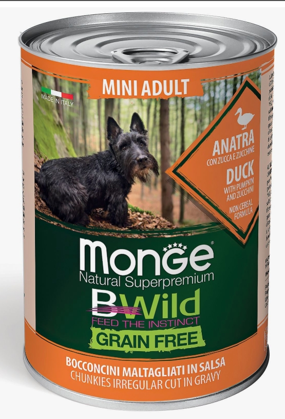 Monge Dog Mini для взр. соб мелк пород, беззерновой, из утки с тыквой и кабачками, консервы 400г