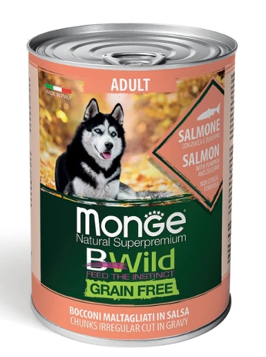 Monge Dog GRAIN FREE для взрослых собак, беззерновой, из лосося с тыквой и кабачками, консервы 400г