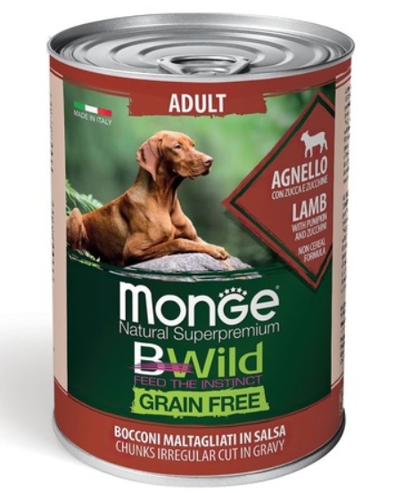 Monge Dog GRAIN FREE для взрослых собак, беззерновой, из ягненка с тыквой и кабачками,консервы 400г