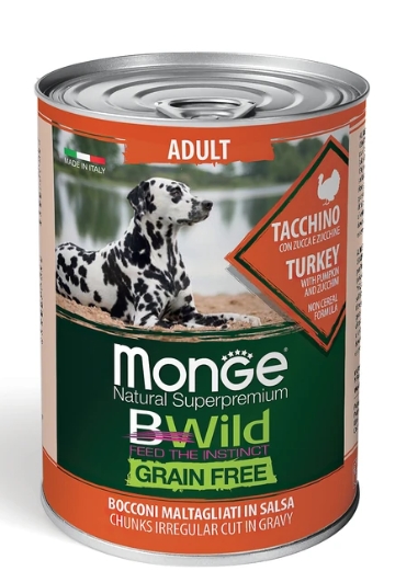 Monge Dog GRAIN FREE для взрослых собак, из индейки с тыквой и кабачками, консервы 400г