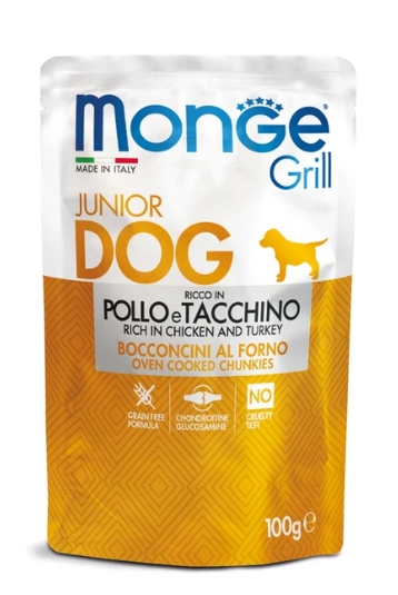 Влажный корм Monge Dog Grill Puppy&Junior для щенков с курицей и индейкой, паучи 100 г (35096)