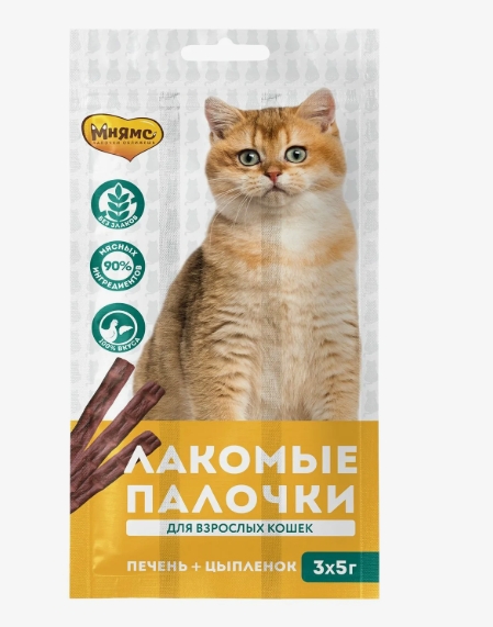 Лакомство Мнямс лакомые палочки для кошек из цыпленка и печени 3х5 г