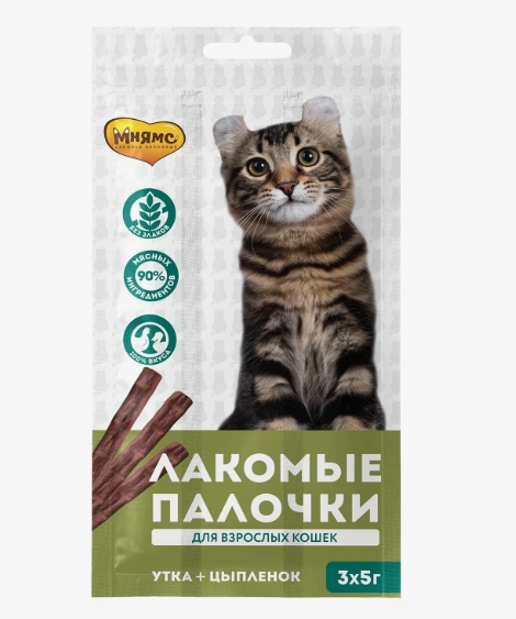 Лакомство Мнямс лакомые палочки для кошек из цыпленка и утки 3х5 г