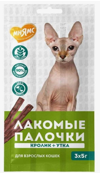Лакомство Мнямс лакомые палочки для кошек с уткой и кроликом 3х5 г