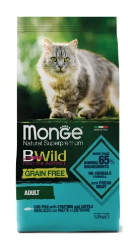 Сухой корм Monge Cat BWild GRAIN FREE для взрослых кошек, беззерновой, из трески 1,5кг