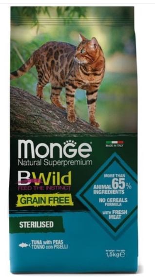 Сухой корм Monge Cat BWild GRAIN FREE для стерилизованных кошек, беззерновой, из тунца, 1,5кг