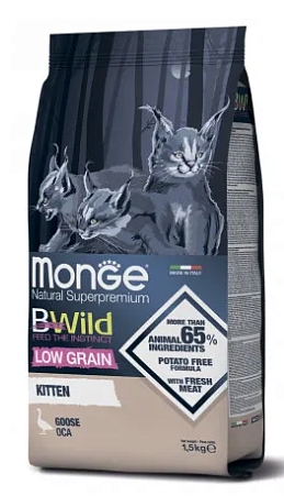 Сухой корм Monge Cat BWild LOW GRAIN Kitten, для котят, низкозерновой, из мяса гуся 1,5кг