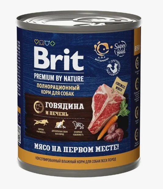 Brit Premium by Nature консервы д/взрослых собак всех пород Говядина/Печень 850г