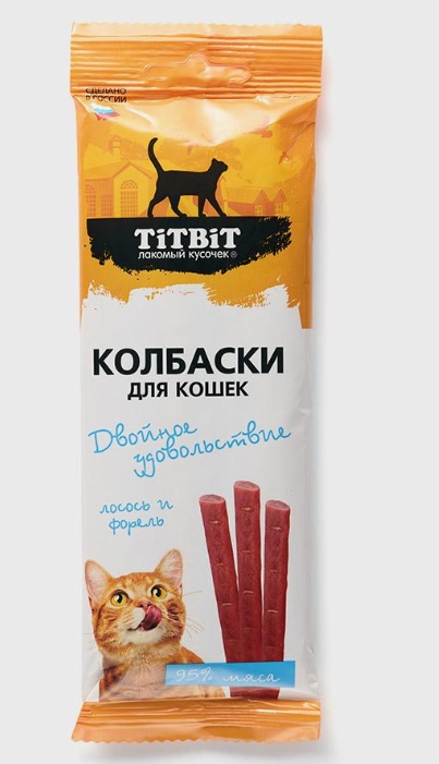 Titbit Колбаски д/кошек Двойное удовольствие с лососем и форелью 15г