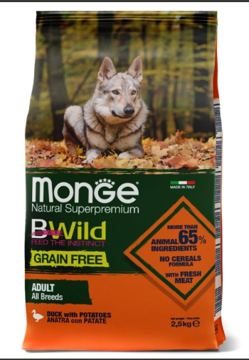 Сухой корм Monge Dog BWild GRAIN FREE для взрослых собак, беззерновой, утка с картофелем 2,5 кг