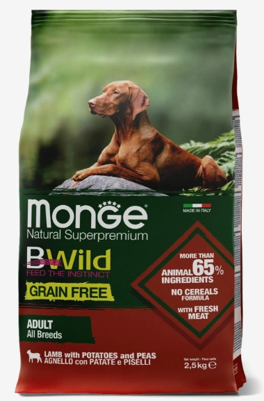Сухой корм Monge Dog BWild GRAIN FREE для собак, беззерновой, из мяса ягненка с картофелем 2,5кг