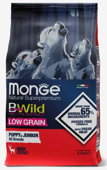 Сухой корм Monge Dog BWild LOW GRAIN Puppy & junior для щенков, низкозерновой, из мяса оленя 2,5кг