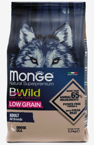 Сухой корм Monge Dog BWild LOW GRAIN для взрослых собак, низкозерновой, из мяса гуся 2,5 кг