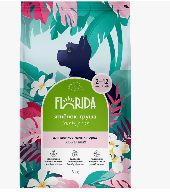 Сухой корм для взрослых собак малых пород с ягненком и грушей,  Mini Adult Lamb, 3кг FLORIDA