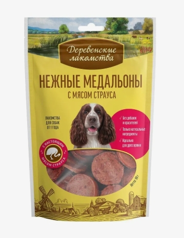 Лакомства Деревенские нежные медальоны для собак с мясом страуса 90г 82549