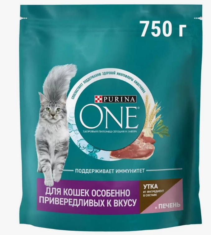 Пурина One сухой корм д/кошек Утка/Печень 750г