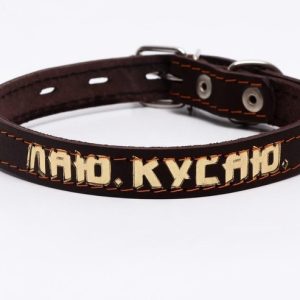 Ошейник кожаный однослойный, тиснёный «Лаю. Кусаю», 48х2, ОШ 32-43 см, коричневый с золотом 7152736
