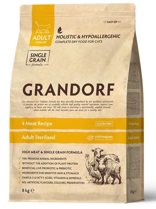 Грандорф Четыре вида мяса для стерилизованных кошек  8 кг GRANDORF CAT 4 Meat PROBIOTIC STERILISED