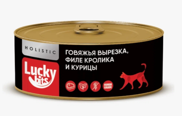 Консервы для кошек Lucky bits говяжья вырезка с филе кролика и курицы, 100 г