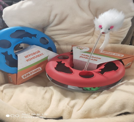 Игрушка для кошек "Загадочный круг - Рыбки", мышь на пружине и шарик, 23 х 7 см, голубая/серая