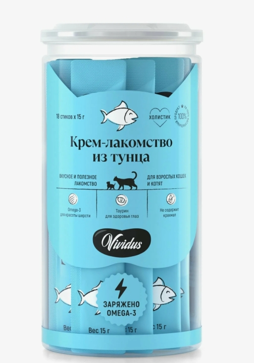 Vividus крем-лакомство д/кошек и котят с тунцом,стики - 18шт по 15г (270г)