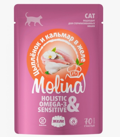 Молина д/взрослых кошек Цыпленок и кальмар в желе 70г пауч