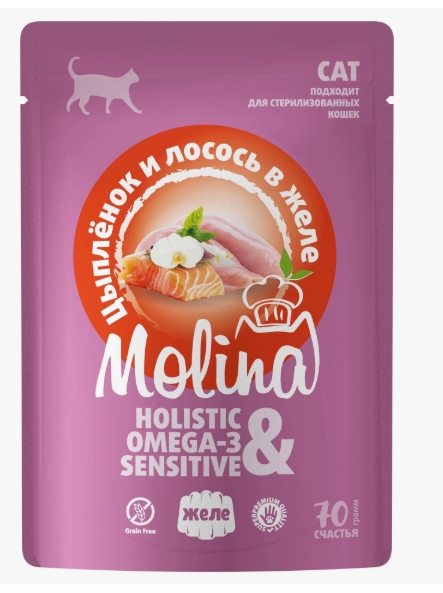 Молина д/взрослых кошек Цыпленок и лосось в желе 70г пауч