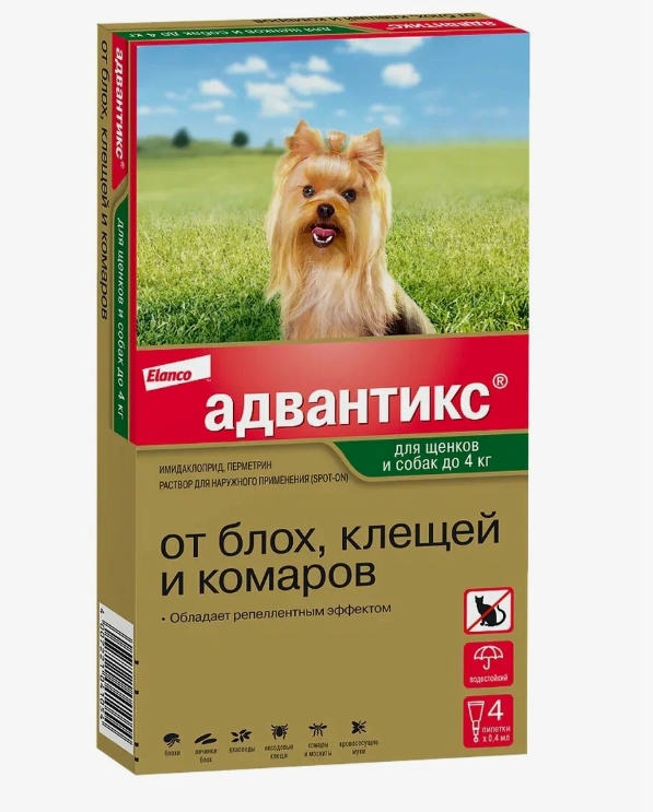 Адвантикс 40. Капли д/наружного применения для собак до 4кг (1пип)