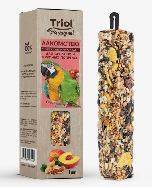 Лакомство Triol Original для средних и крупных попугаев с орехами и фруктами 110г