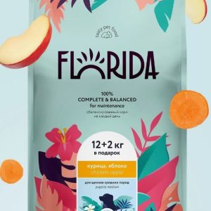 Сухой корм для щенков средних пород с курицей и яблоком,  Medium Puppy Chicken, 14 кг, (FLORIDA, Фло