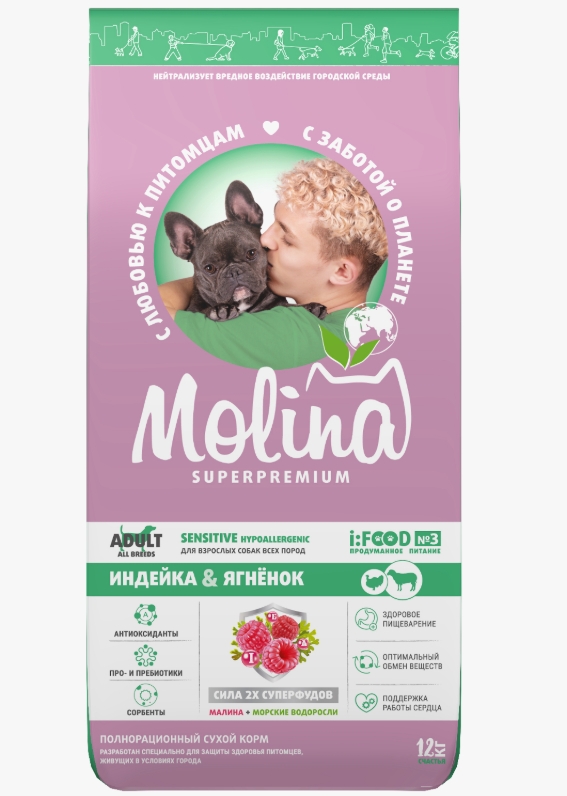 Молина корм Sensitive Hypoallergenic д/взрослых собак всех пород Индейка/Ягненок 12кг