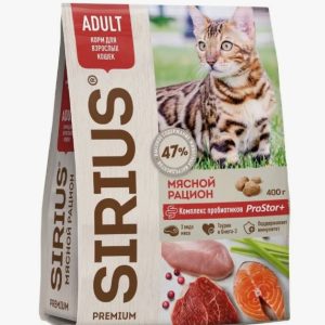 Сухой полнорационный корм для взрослых кошек Мясной рацион ТМ «SIRIUS» 400 г, (Сириус)
