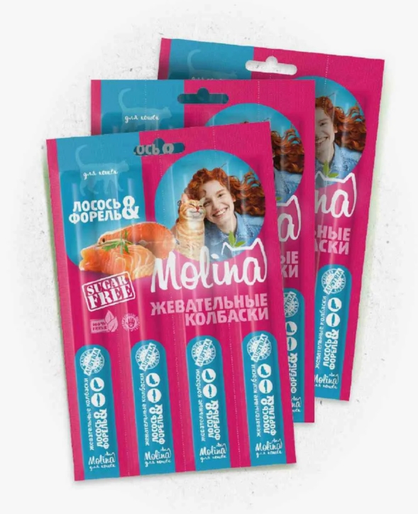 Молина Жевательные колбаски д/кошек Лосось и форель, 20г