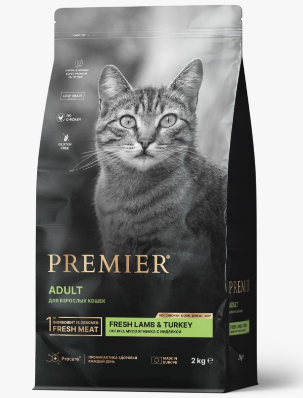 Премьер Ягненок с индейкой для взрослых кошек 2 кг Premier Cat Lamb&Turkey ADULT