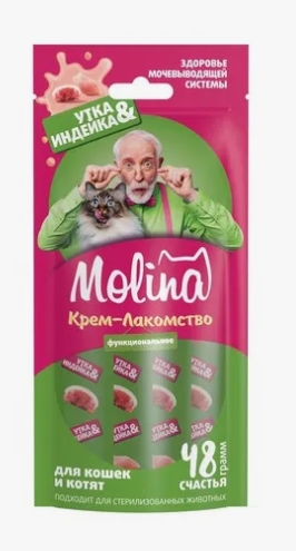 Молина Функц. крем-лакомство с уткой и индейкой д/взр. кошек Здоровье мочевыводящей системы 48г
