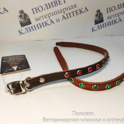 Ошейник кожаный с украшением стразы 10мм, 19-26,5см Э10166