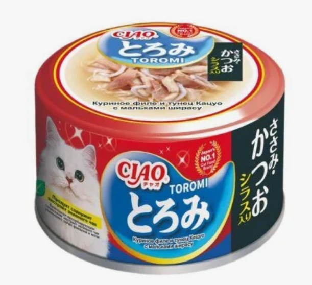 INABA Toromi  корм влаж. д/кошек кур.филе,тунец Кацуо,мальки ширасу бульон конс 80г Инаба RU305