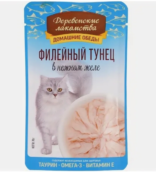 Деревенские лакомства корм д/кошек филейный тунец Домашние обеды 70г желе пауч
